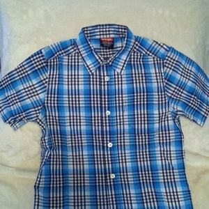 Boys Wrangler button down short sleeve, size 6/7, blue plaid